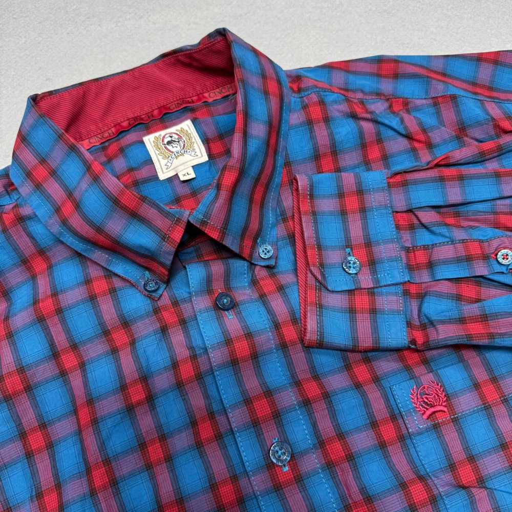 Cinch Long Sleeve Button Down Mens Shirt XL Blue Red Plaid Western Pocket Logo
